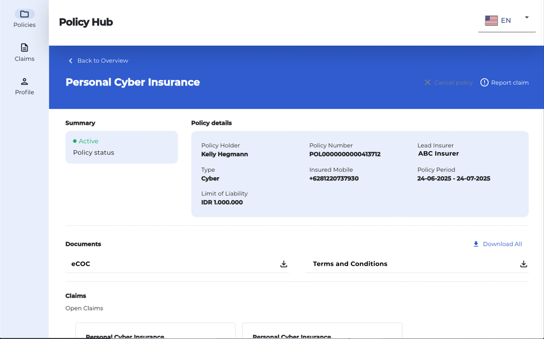 discovermarket Policy Hub screen showing an active cyber policy, its details and documents