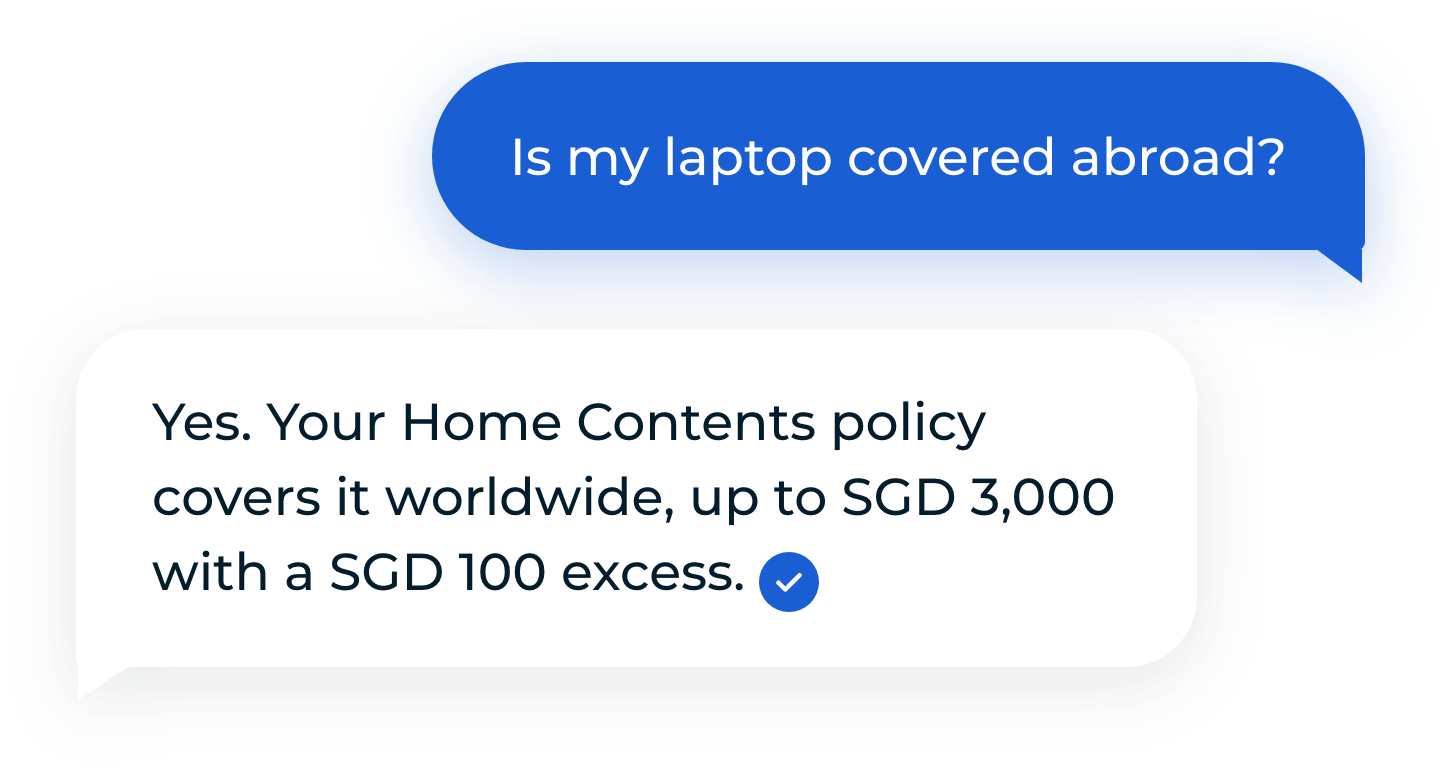 Chat conversation where a customer asks if their laptop is covered abroad and the agent answers from their Home Contents policy