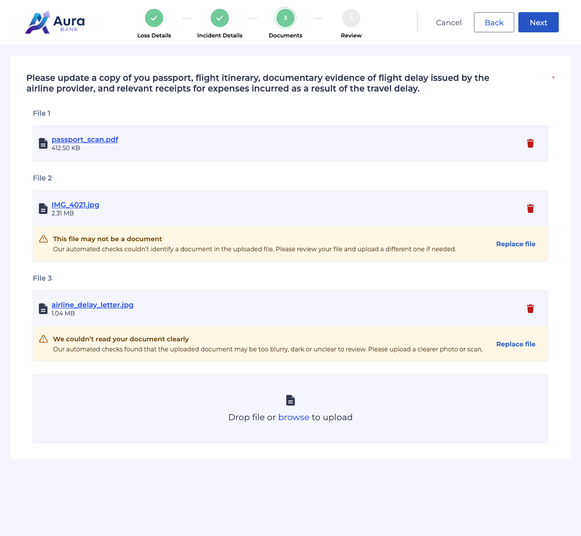 Claim documents step: automated checks flag one upload that may not be a document and one that is too blurry to read, each with a Replace file option