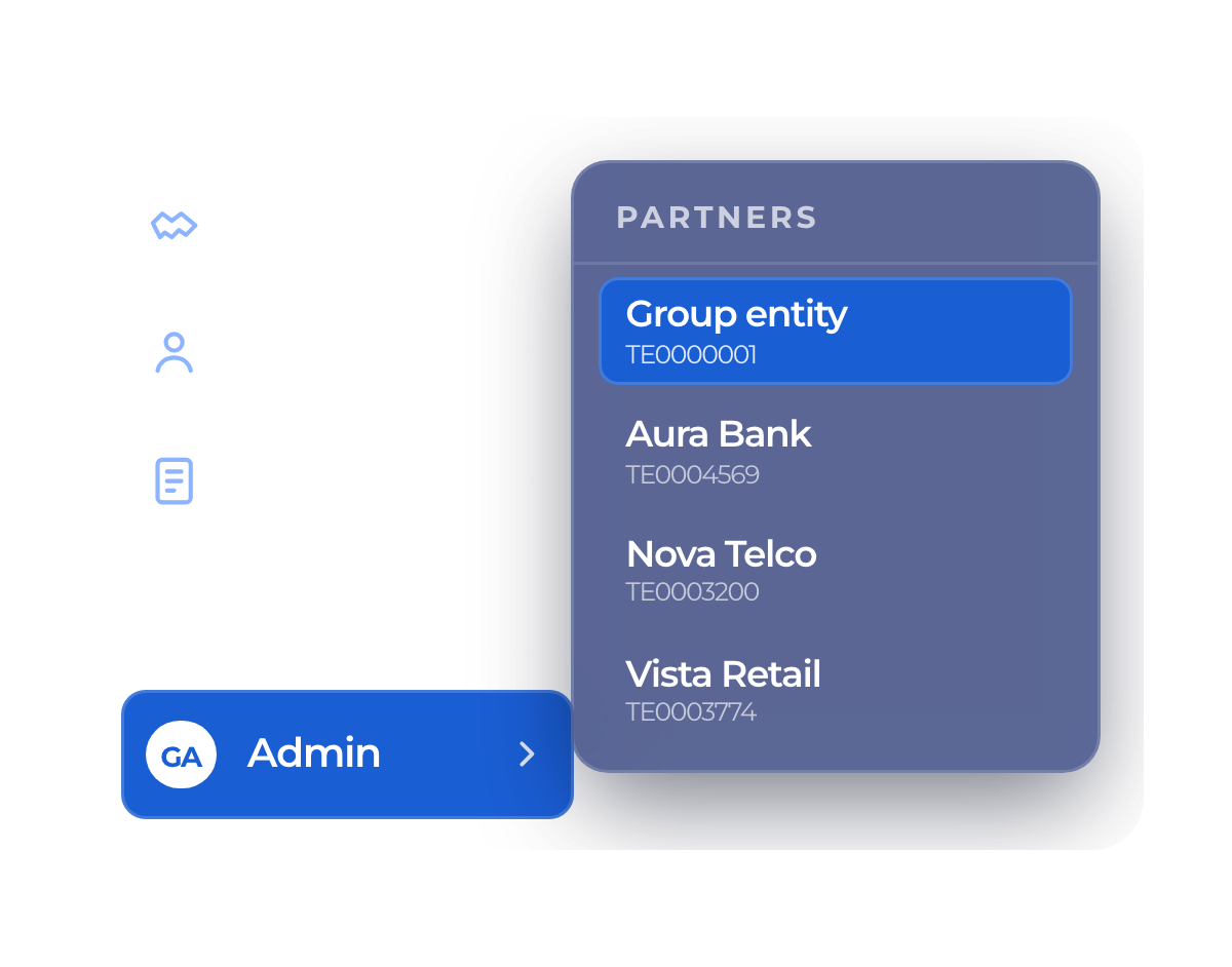 Platform navigation with the partners menu open, listing Group entity, Aura Bank, Nova Telco and Vista Retail