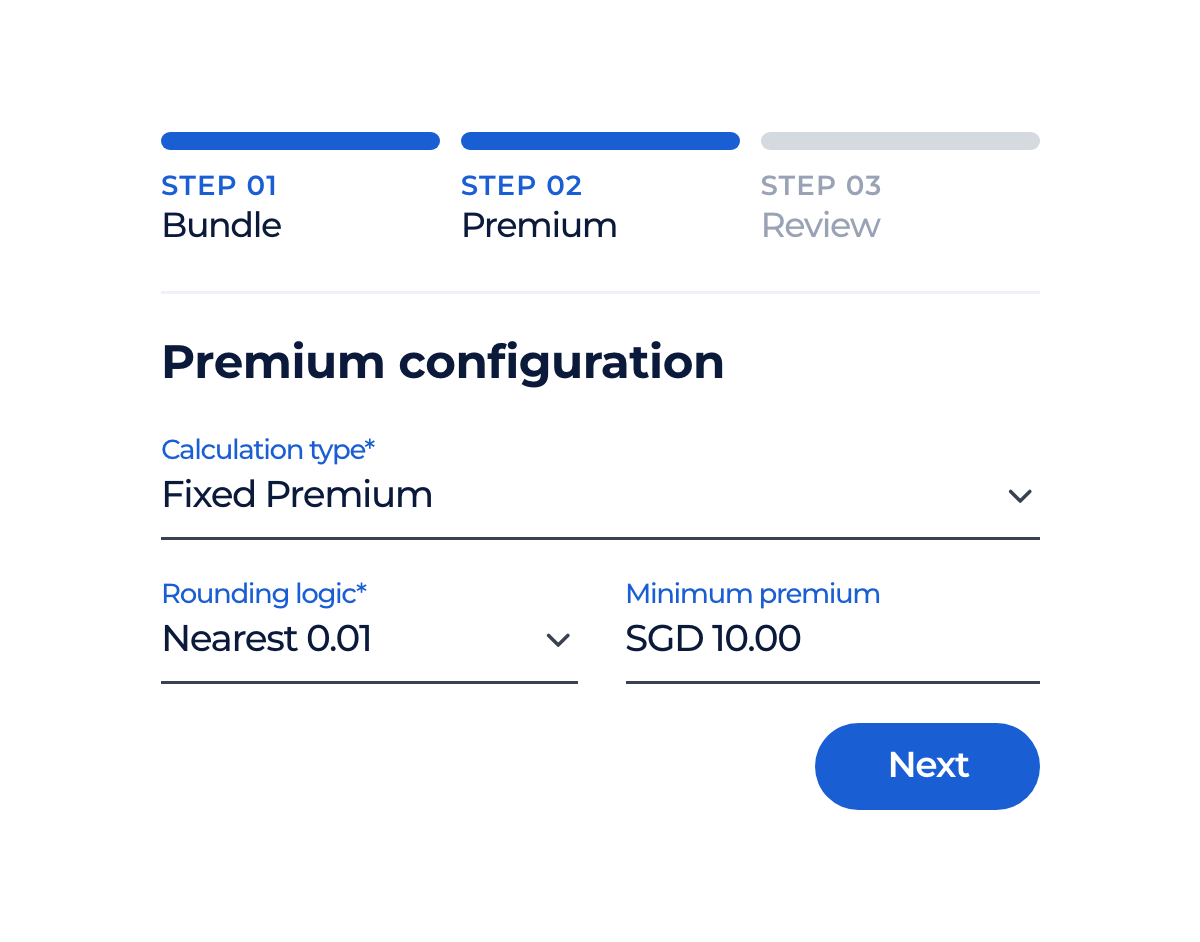 Product setup on the premium step, with calculation type Fixed Premium, rounding to the nearest 0.01 and a minimum premium of SGD 10.00